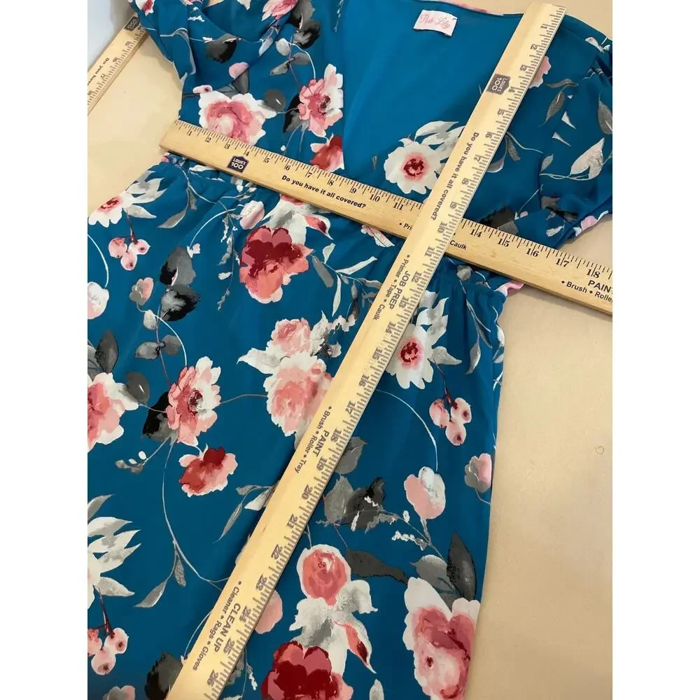 Pink Lily Dress Womens Medium Blue Floral Print Bell Sleeve Cottagecore Boho - Picture 8 of 9